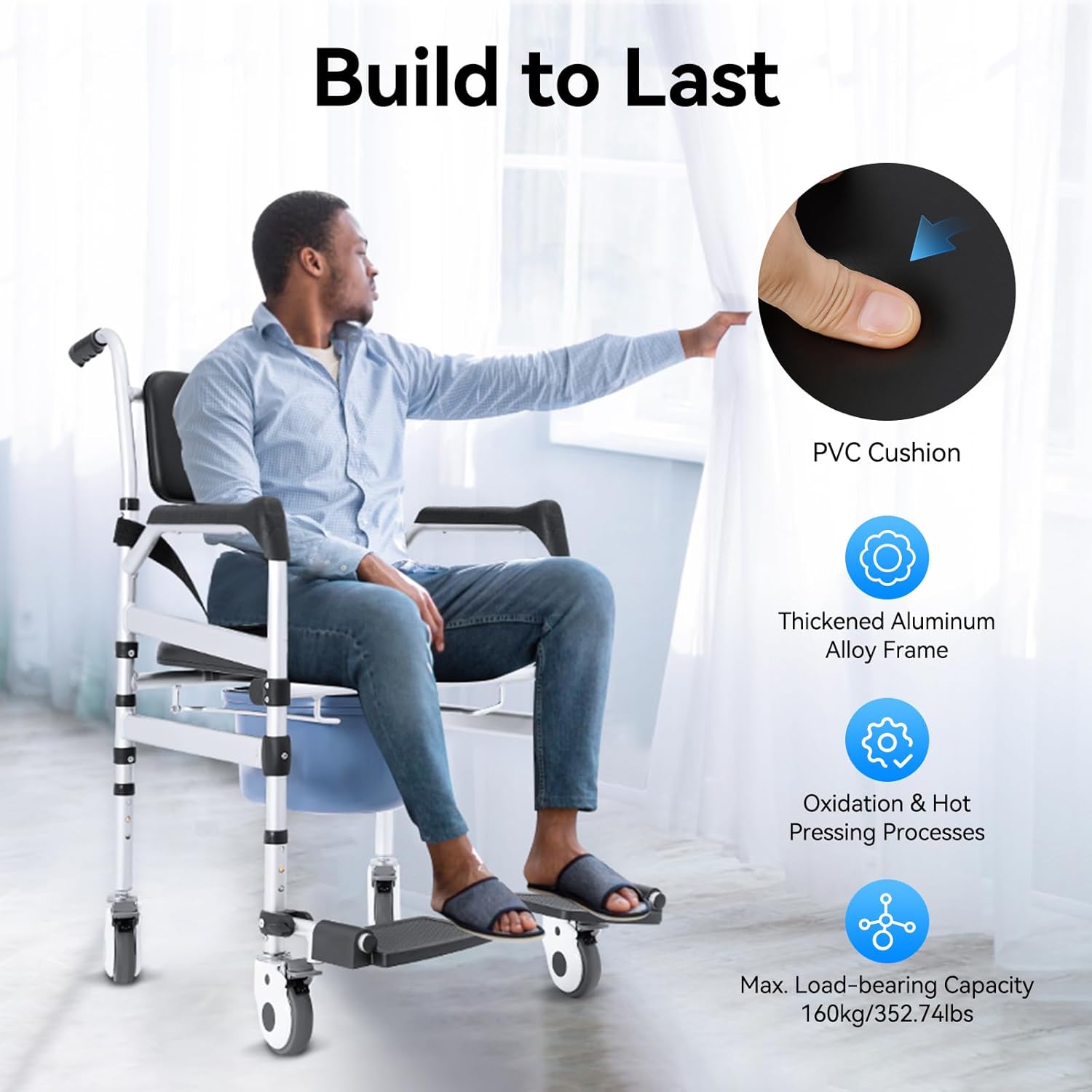Shower Chair with Wheels and Arms, Adjustable Height Folding Commode Chair


