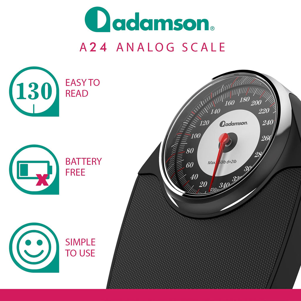 Adamson A24 Analog Bathroom Scale, Up to 350 lb, Anti-Skid Rubber, Large Numbers


