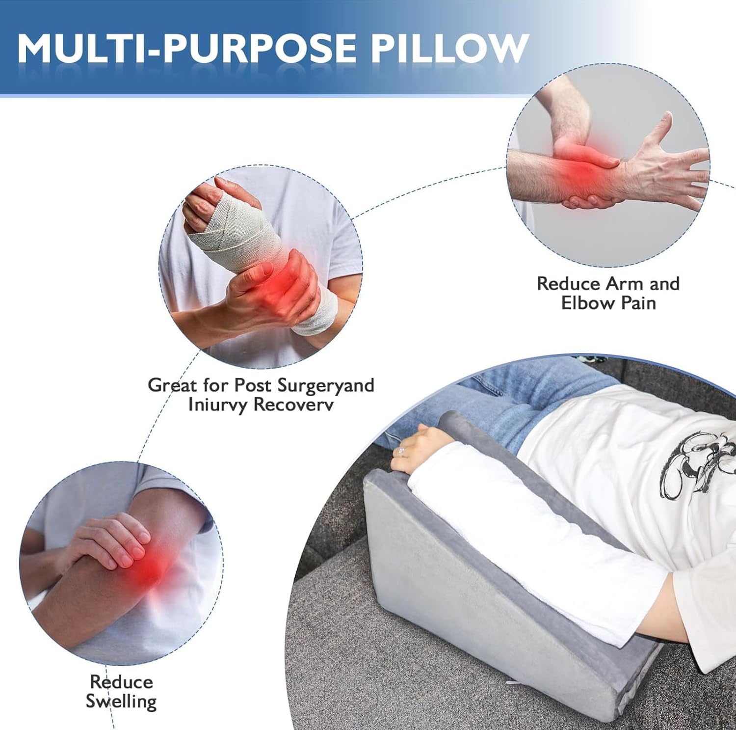 Arm Elevation Wedge Pillow with Removable Cover for Elbow, Wrist & Forearm Support

