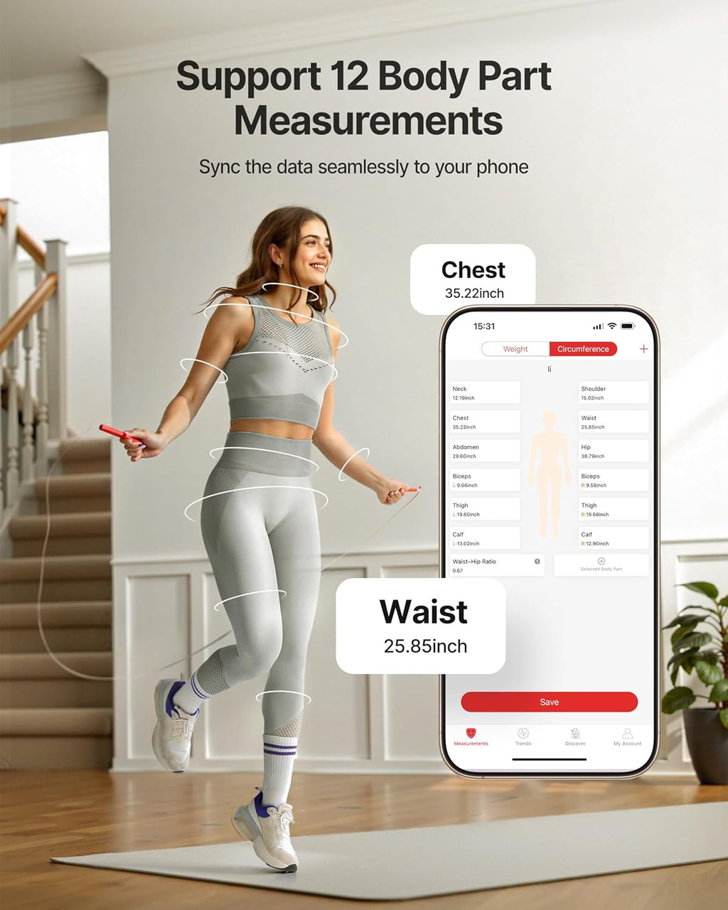 Fitindex Smart Retractable Body Measuring Tape with Bluetooth, LCD Display for Fitness

