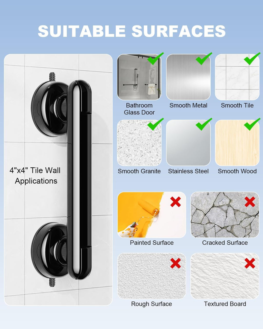JOTPE Suction Grab Bars for Bathtubs and Showers, No Drilling, Removable

