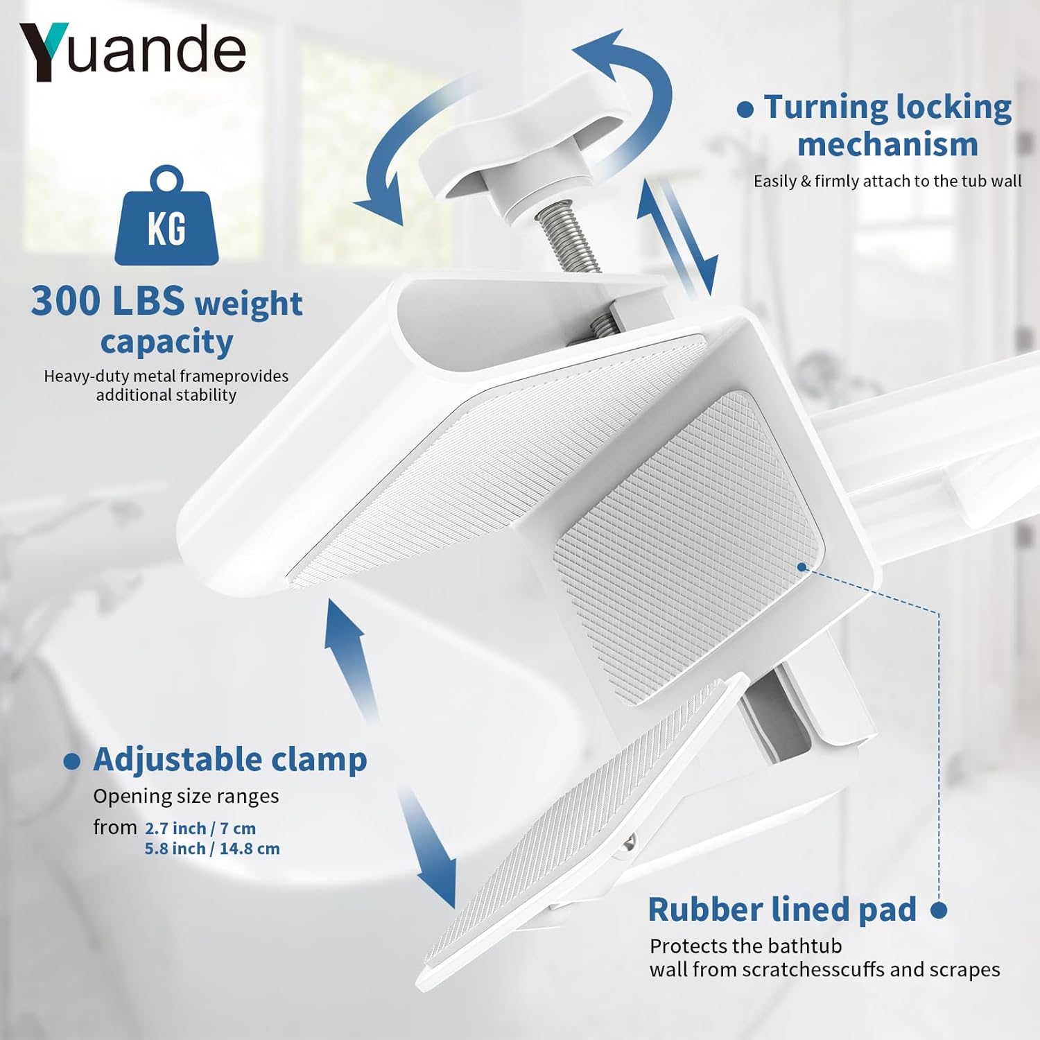 YuanDe Stainless Steel Tub Safety Rail Grab Bar, Clamp-On Bath Handle, 300 lb

