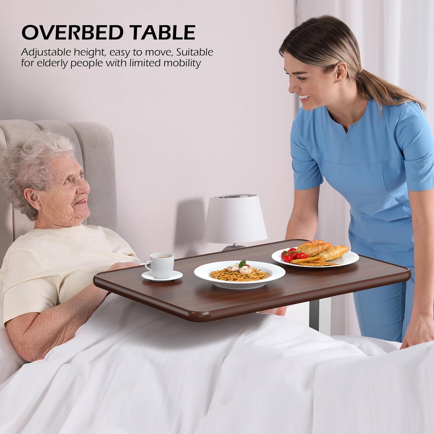 WOTURE Adjustable Overbed Table with Wheels, Pneumatic Height, Bed Tray

