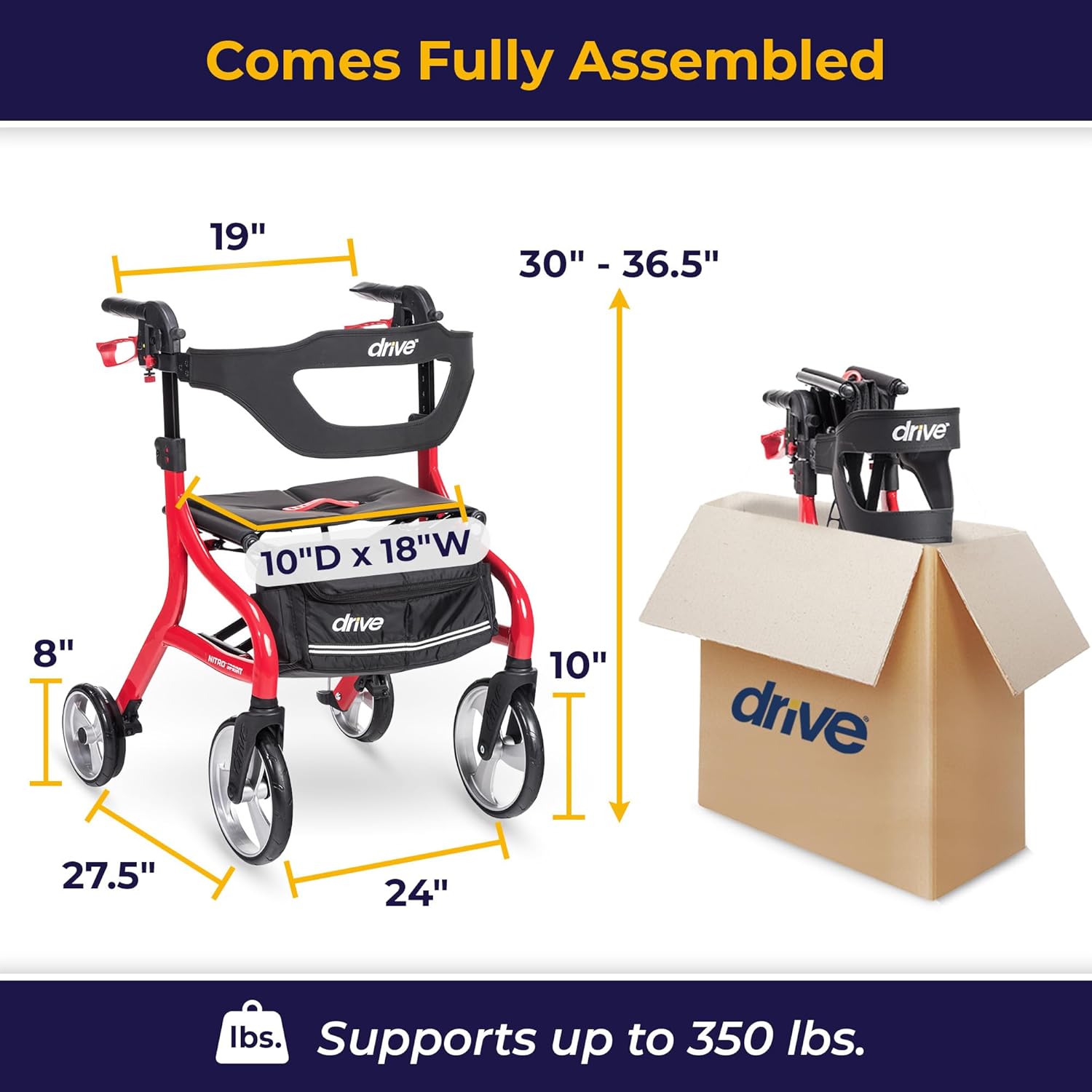 Drive Medical Nitro Sprint Foldable Rollator Walker with Seat, Large Wheels

