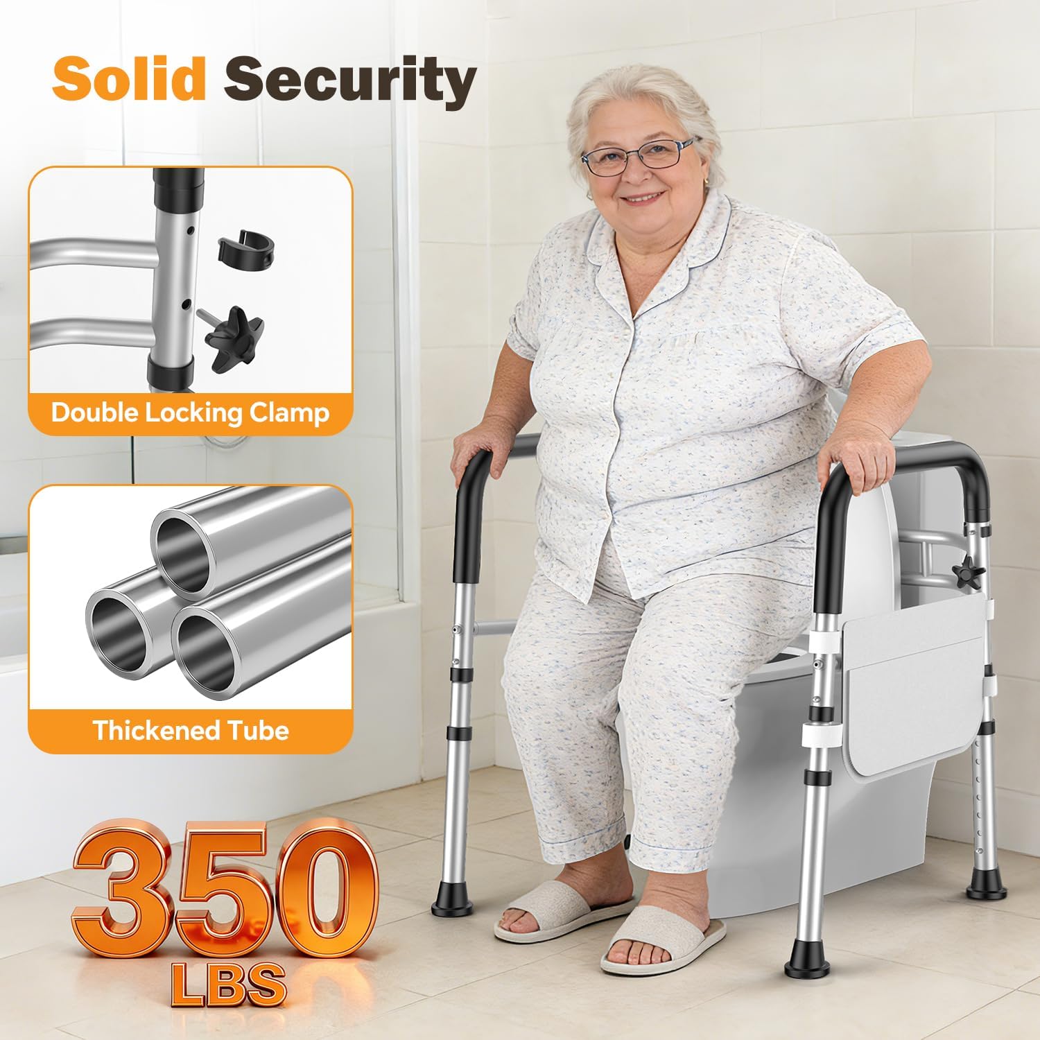 Toilet Safety Rail for Seniors Adjustable Height/Width Folding Handles 350 lb Capacity

