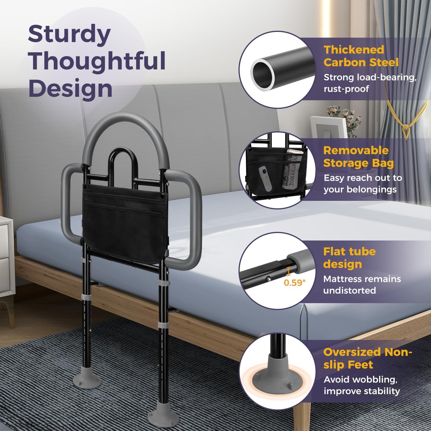Adjustable Bed Assist Rail for Seniors, Portable Bedside Safety Rail, 400 lb

