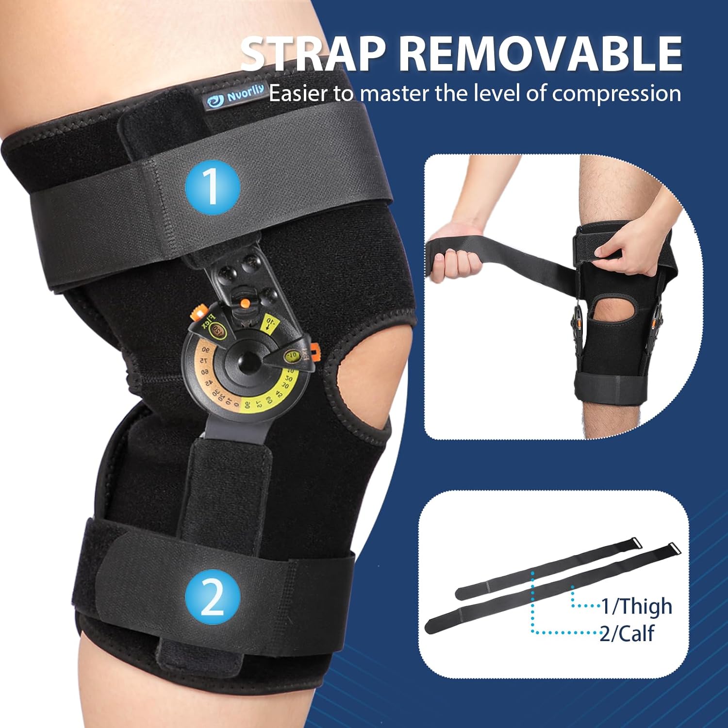 Nvorliy Hinged ROM Knee Brace with Side Stabilizers and Locking Dials


