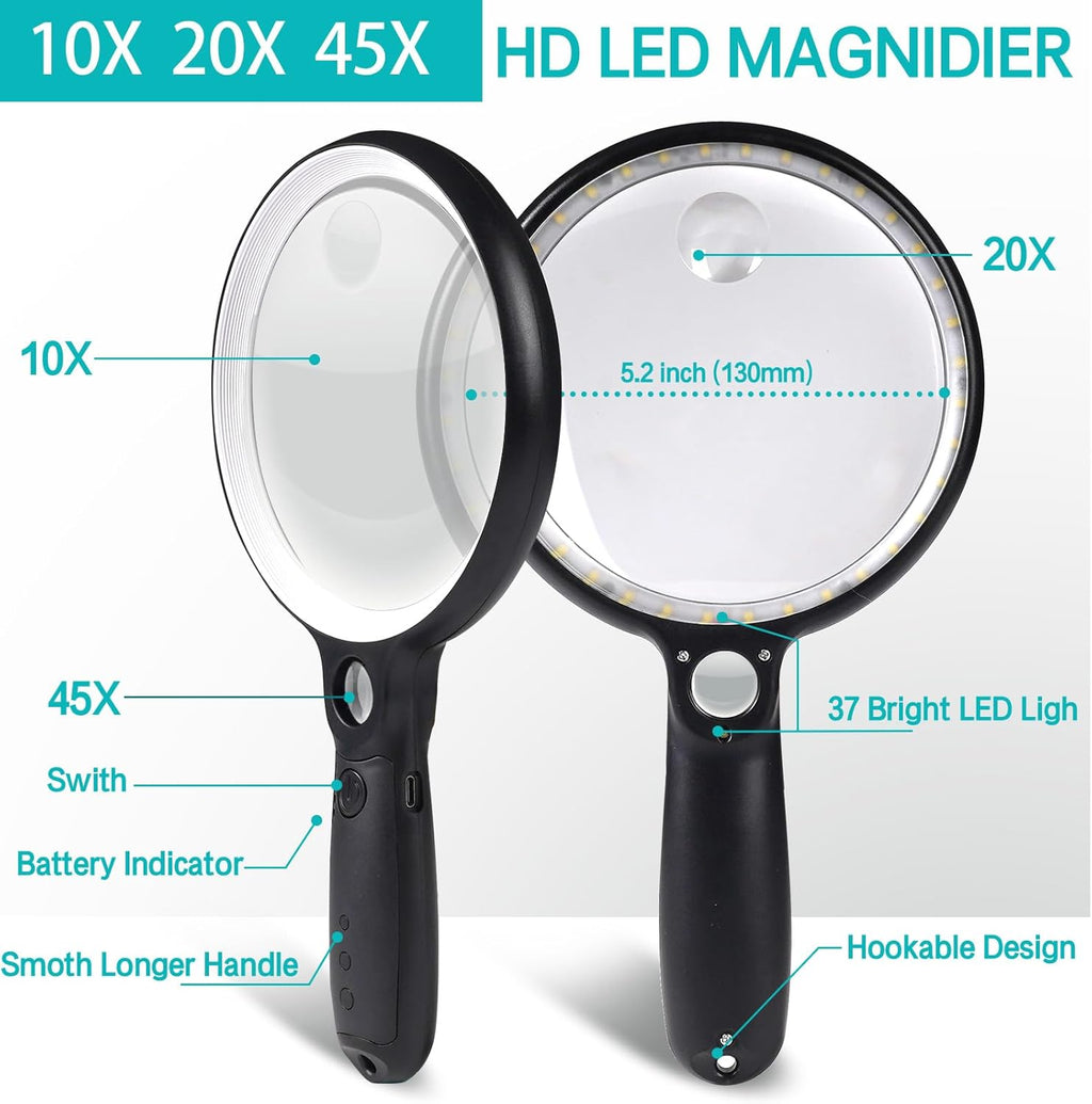 Handheld Illuminated Magnifying Glass 37 LED 10X 20X 45X Rechargeable USB

