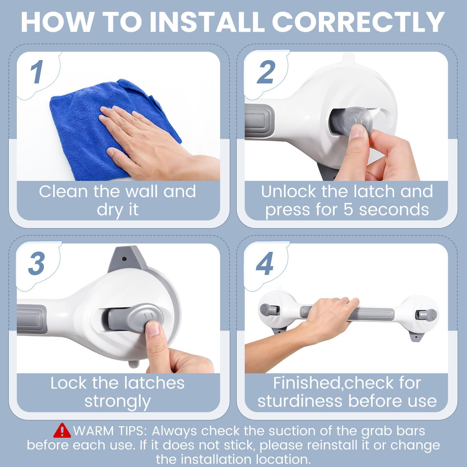 Reyiu Shower Grab Bar 16.5 Inch Suction Cup Bathroom Safety Handle

