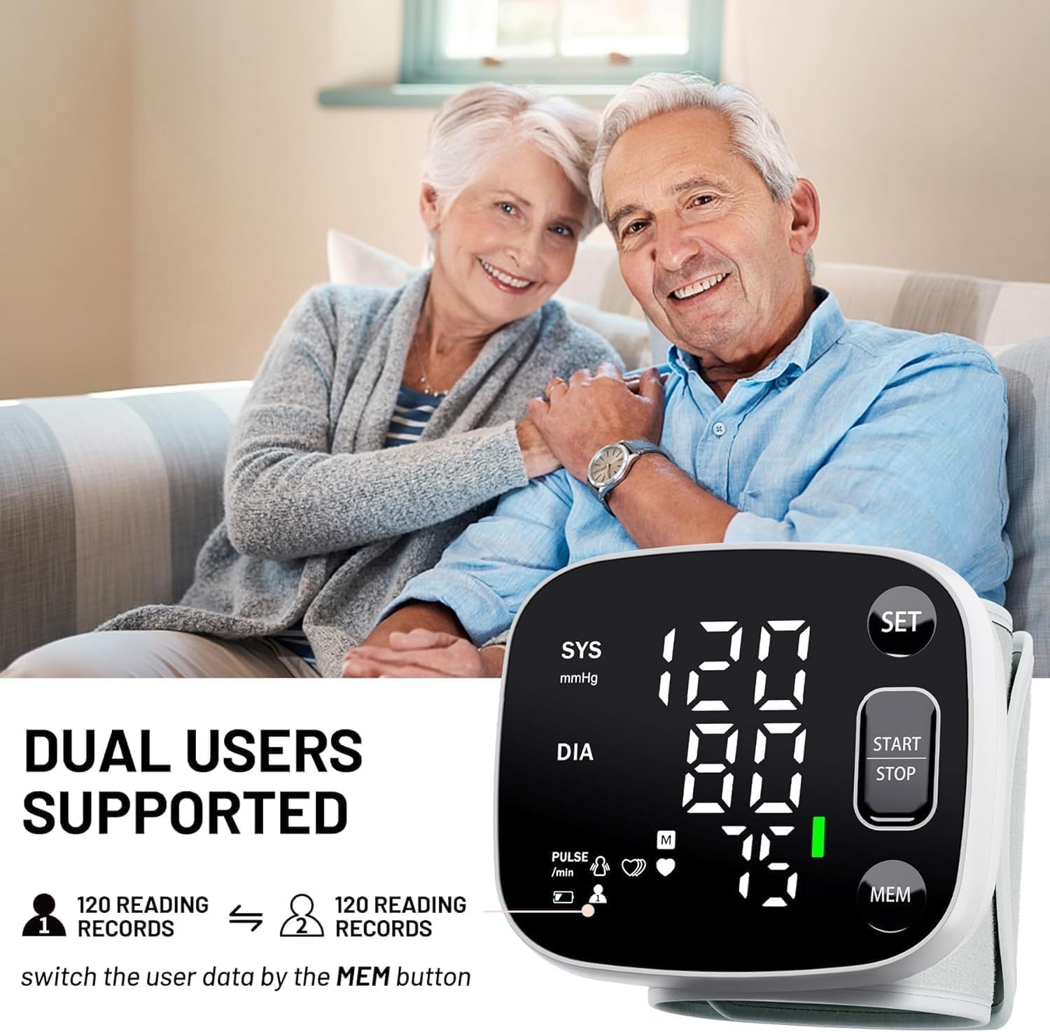 Oklar Rechargeable Wrist Cuff Blood Pressure Monitor, Dual User, LED, Voice, 240

