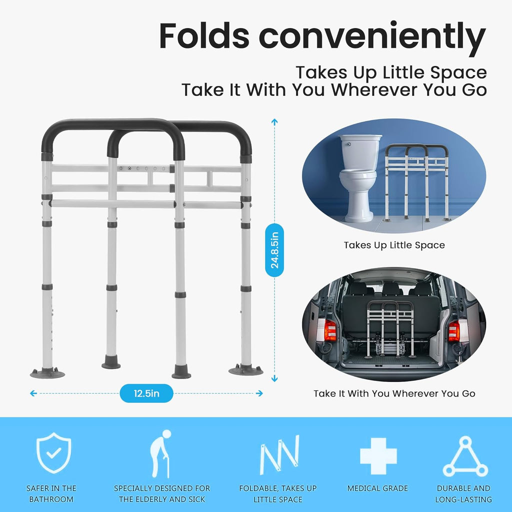 Careboda Foldable Toilet Safety Rails, Adjustable Grab Bar for Seniors and Disabled

