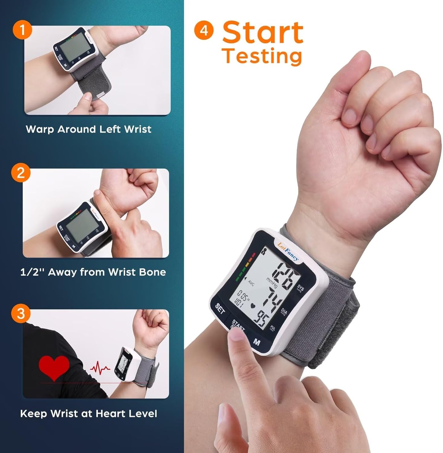 LotFancy Talking Wrist Blood Pressure Monitor, Automatic Cuff, Large LCD, 120 Memory

