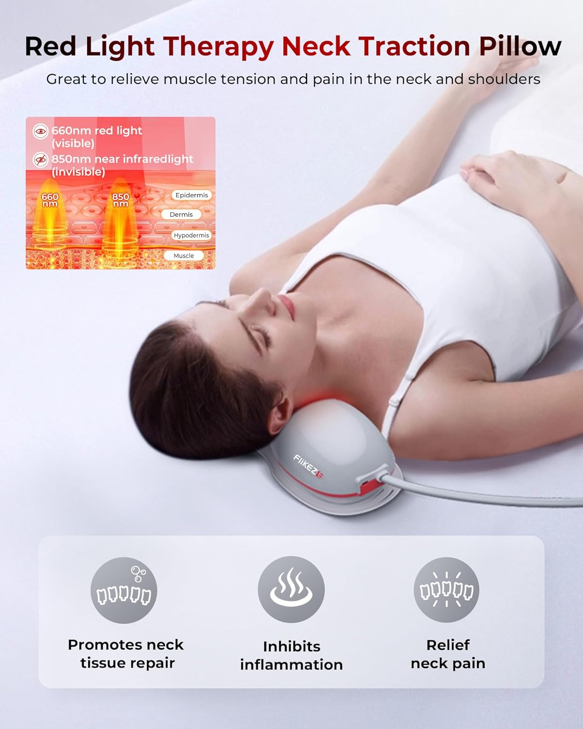 FliKEZE Heated Neck Stretcher with Red Light Therapy, Cervical Traction Device

