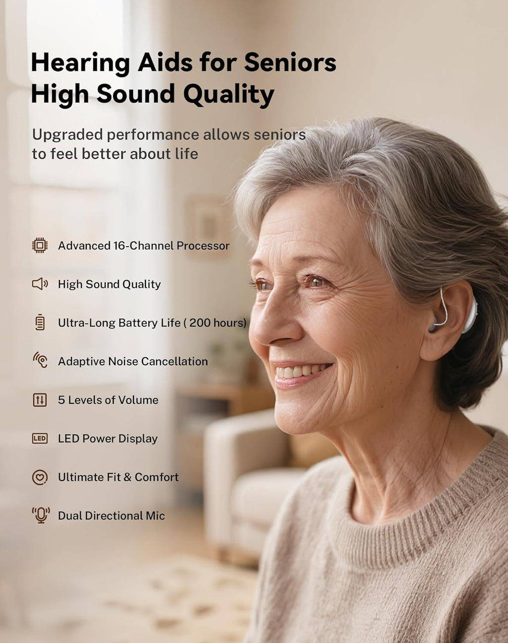 OTC Rechargeable Hearing Aids for Seniors with Noise Cancelling and LED Display

