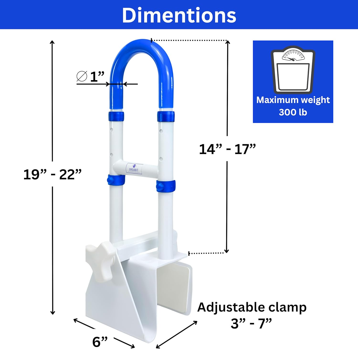 EYL Medical Supplies Adjustable Clamp-On Bathtub Grab Bar, 300 lb Capacity

