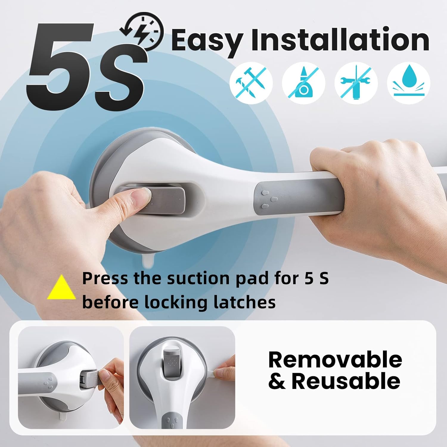 TAILI 16 inch Suction Cup Shower Grab Bar, Removable Bathroom Safety Handle

