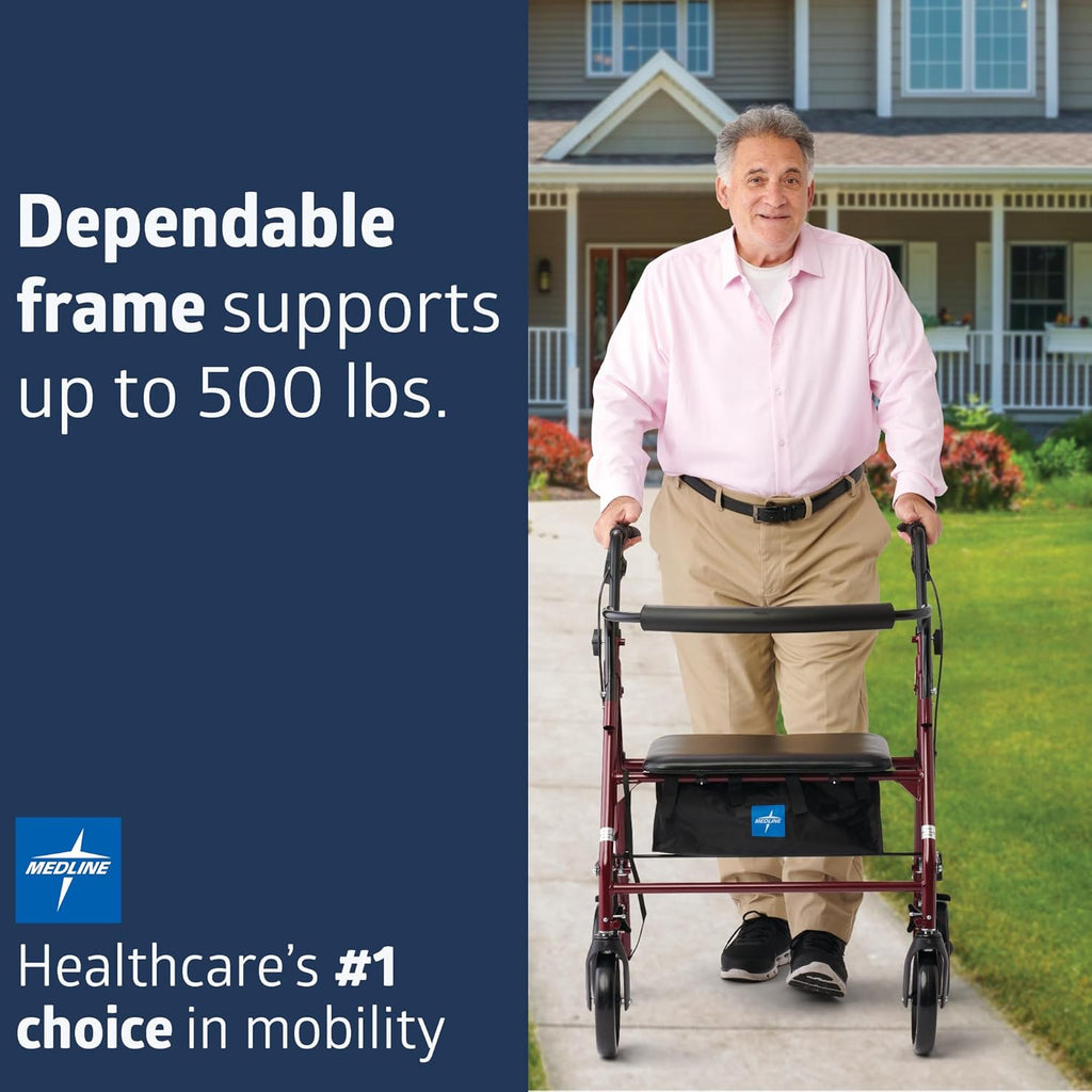 Medline Bariatric Steel Rollator Walker, Adjustable Handles, Foldable, Padded Seat & Backrest

