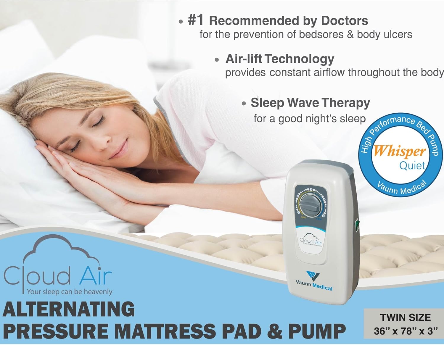 Vaunn Medical Cloud Air alternating pressure mattress topper with pump

