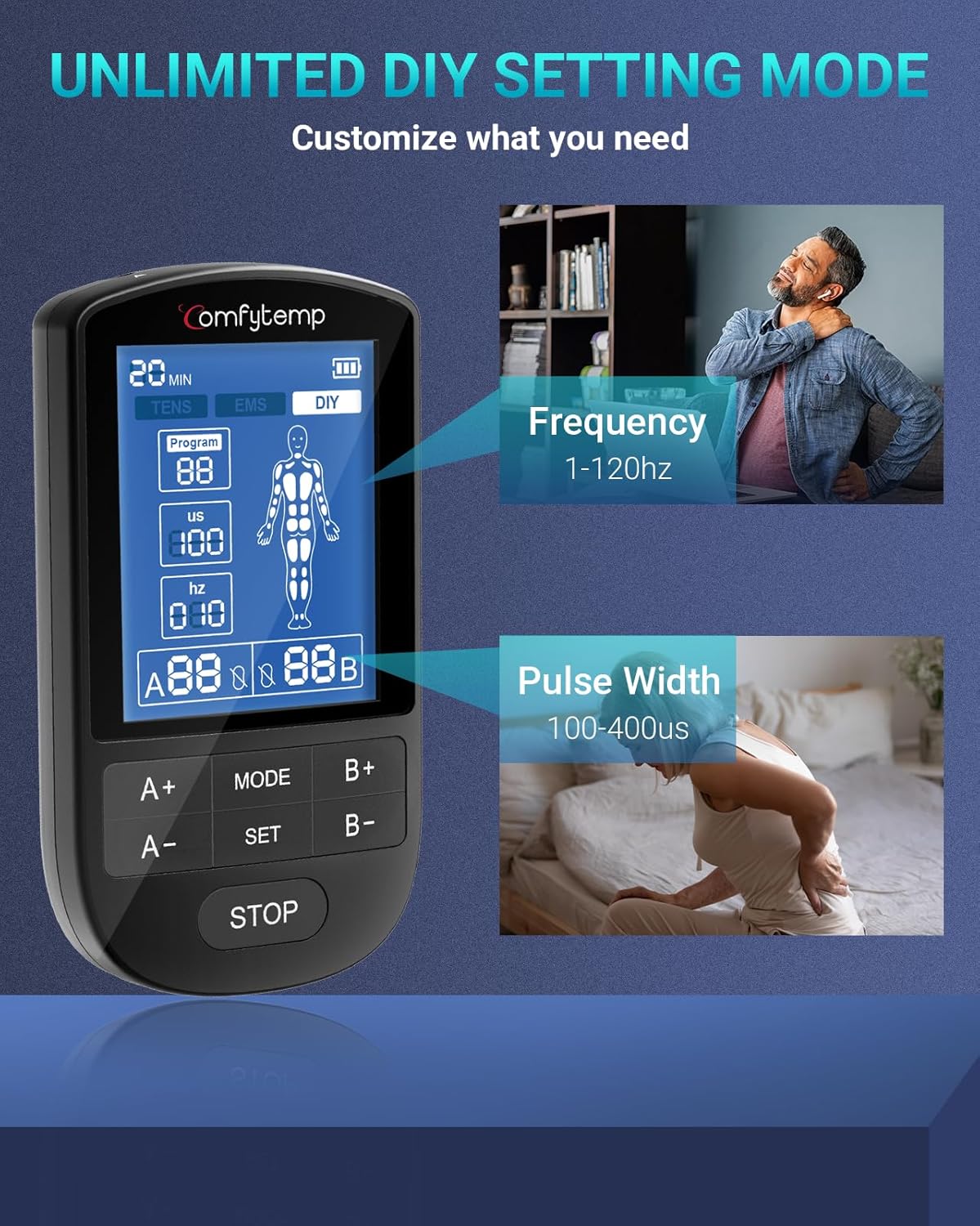 Comfytemp Dual Channel TENS & EMS Muscle Stimulator for Pain Relief, 24 Modes

