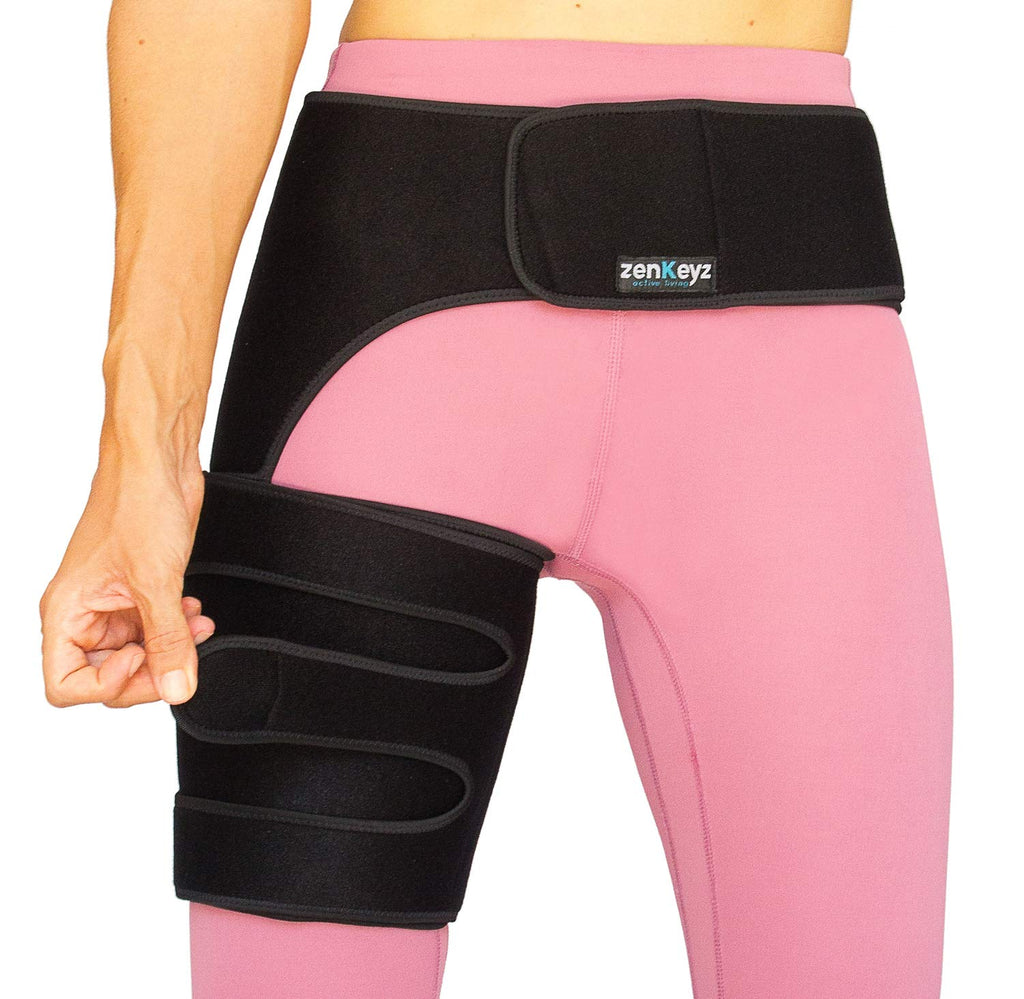 ZENKEYZ Hip Brace & Thigh Support Adjustable Compression Sleeve with Anti-Slip 3-Strap

