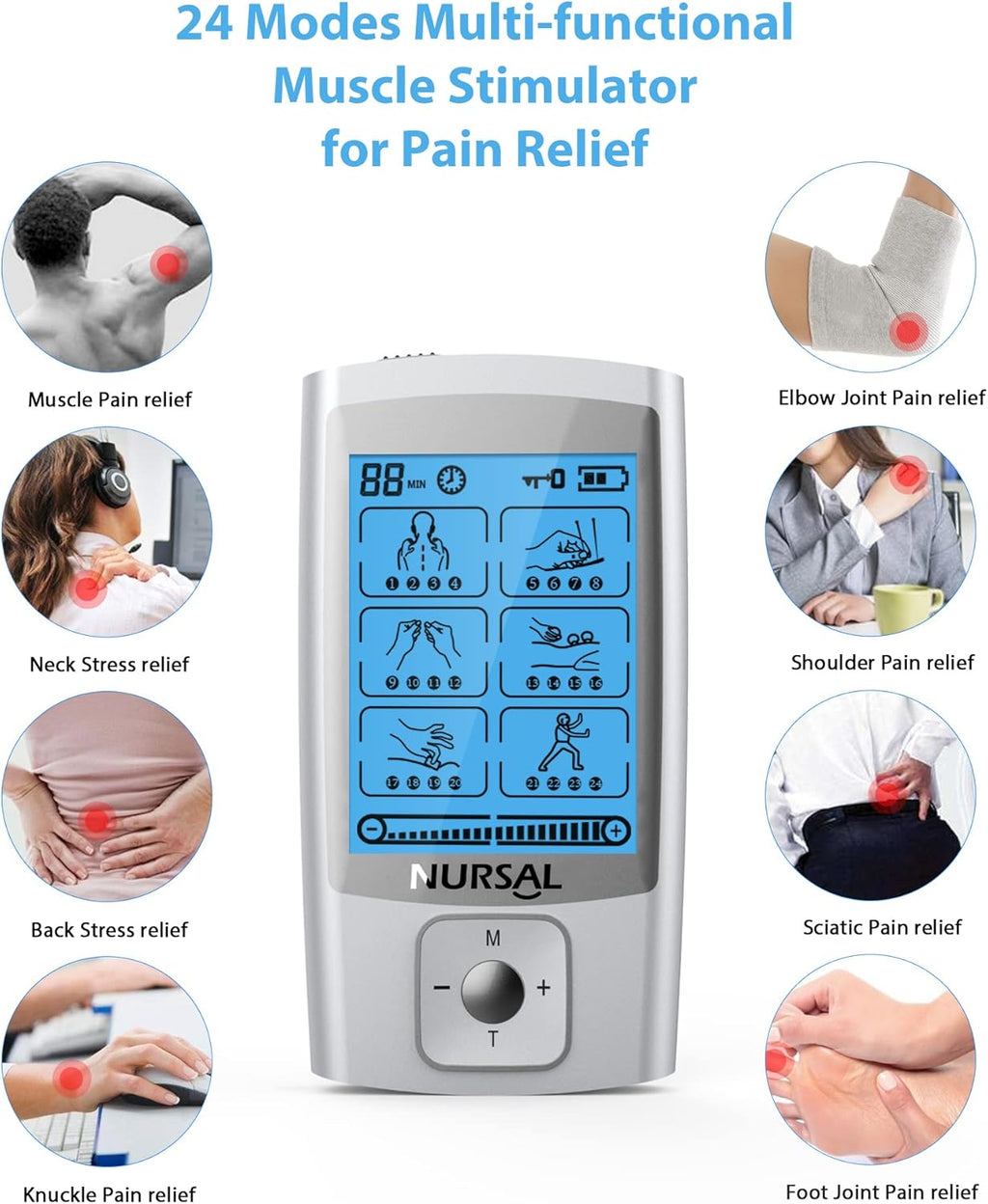 NURSAL 24 Modes TENS EMS Muscle Stimulator Rechargeable Electronic Pulse Massager


