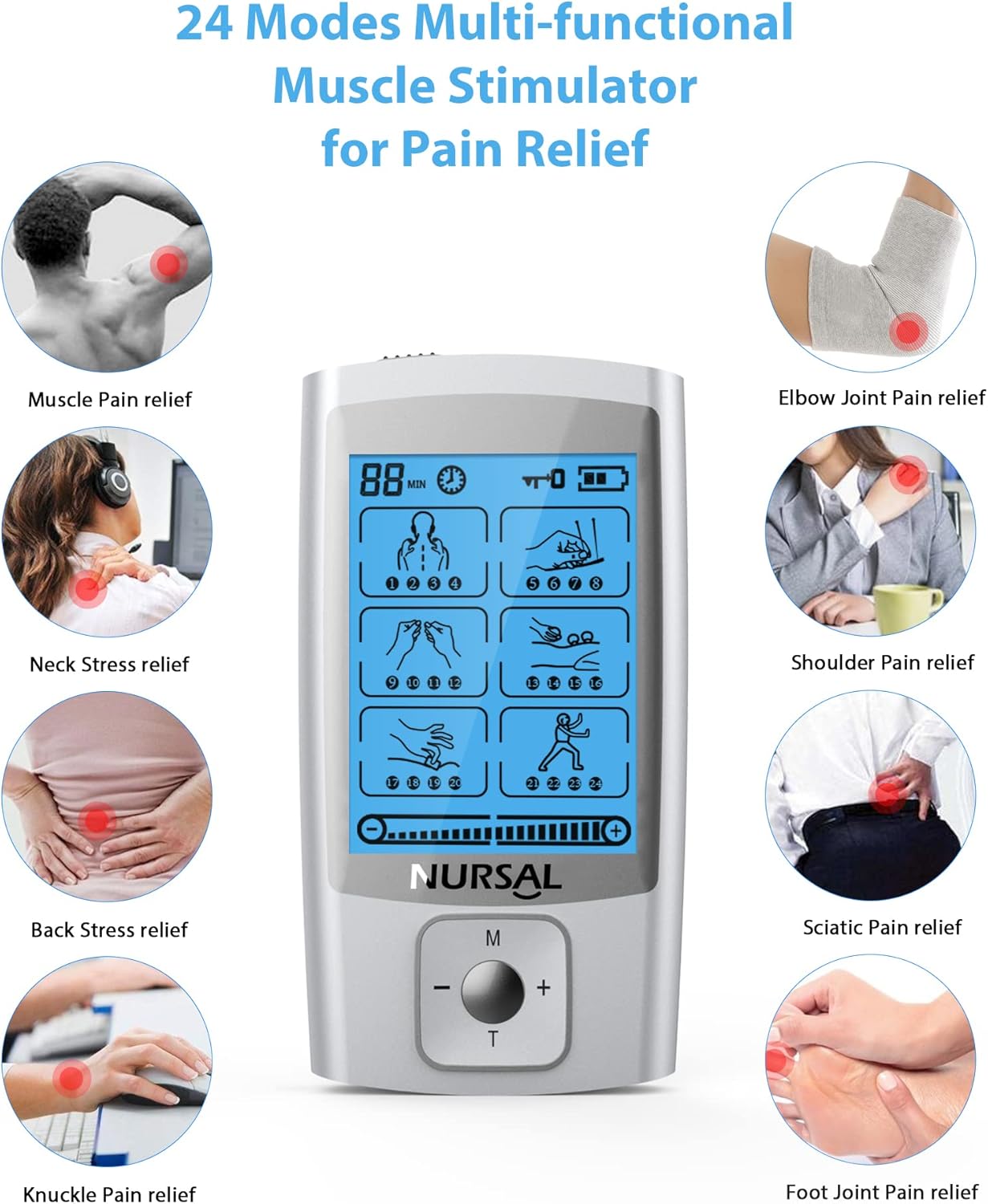 NURSAL 24 Modes TENS EMS Muscle Stimulator Rechargeable Electronic Pulse Massager

