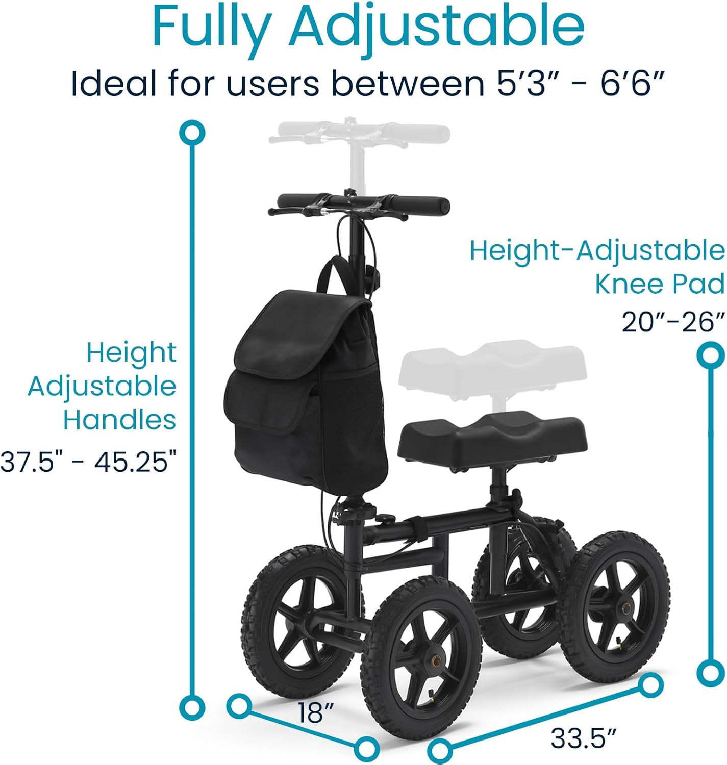 Vive Mobility Quad Knee Walker with Steering Handle, Seated Knee Scooter Aid

