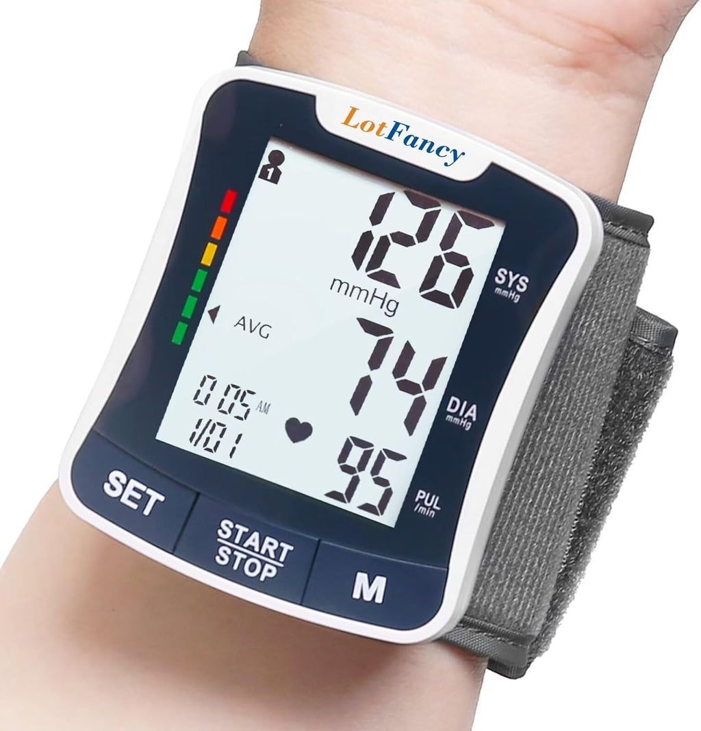 LotFancy Talking Wrist Blood Pressure Monitor, Automatic Cuff, Large LCD, 120 Memory

