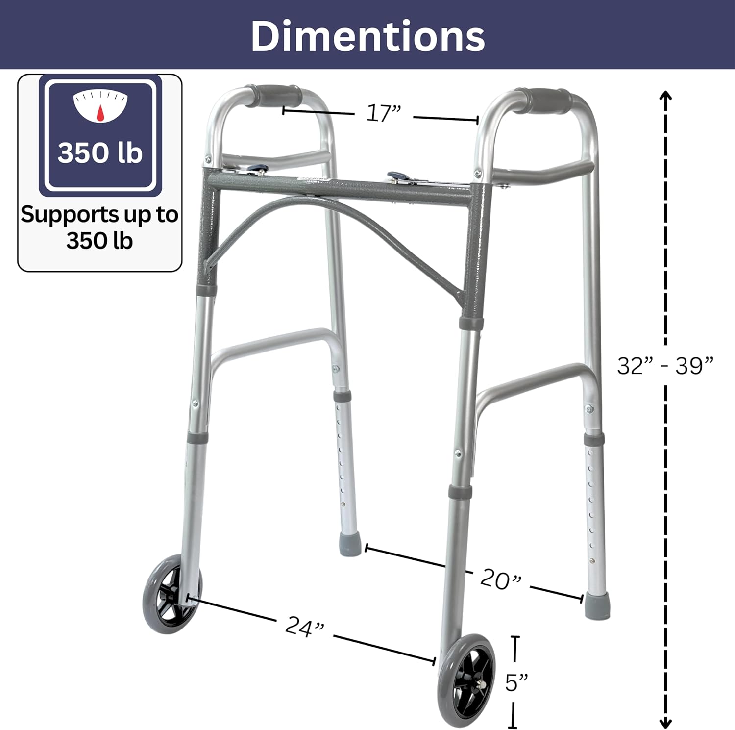 Two-Button Folding Walker with 5 in Wheels and Ski Glides, Height Adjustable

