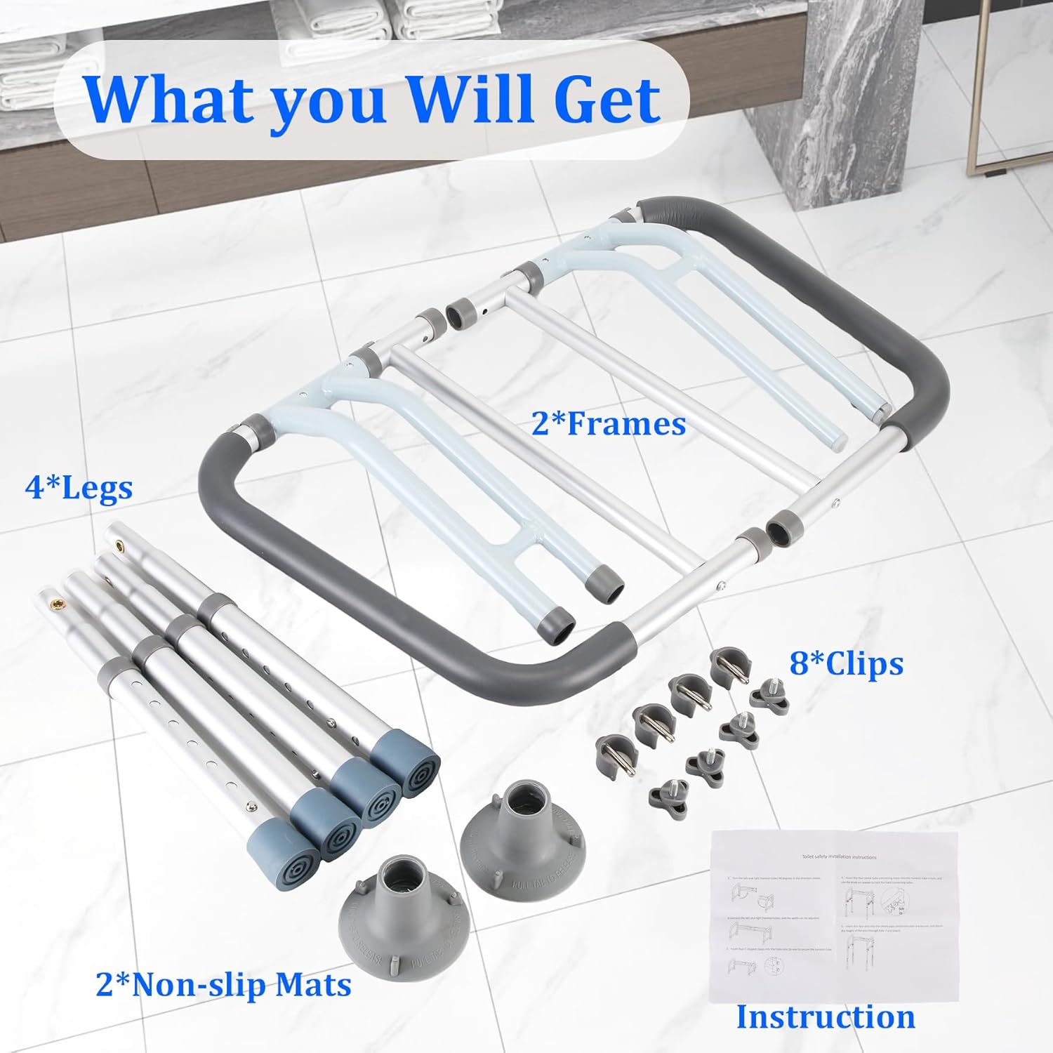 Toilet Safety Rails for Seniors, Adjustable Foldable Handle Frame, 300 lb, Suction

