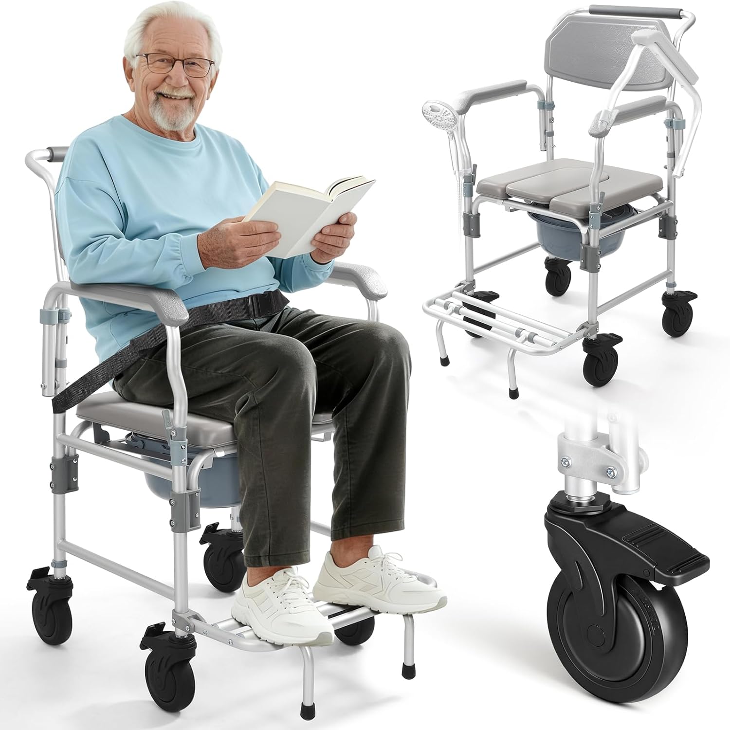 Shower Chair with Wheels, Commode Wheelchair with Flip-Up Arms and Safety Straps

