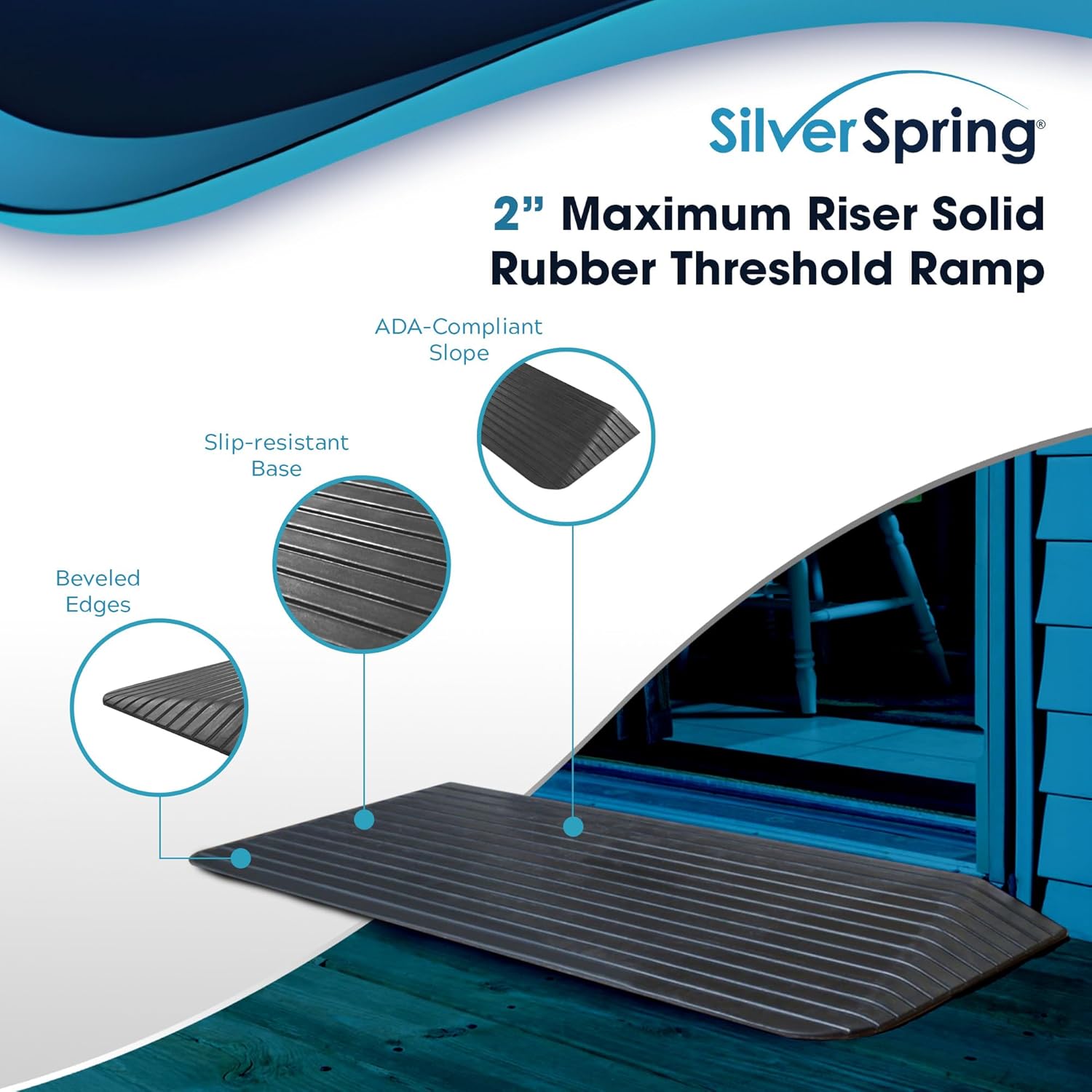 Silver Spring Solid Rubber Threshold Ramp for Wheelchairs, 1500 lb Capacity

