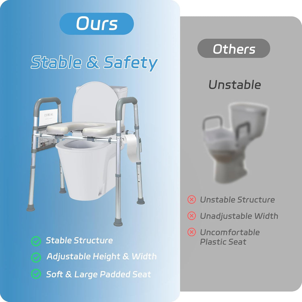 Adjustable Raised Toilet Seat with Handles, Padded Toilet Seat Riser for Seniors

