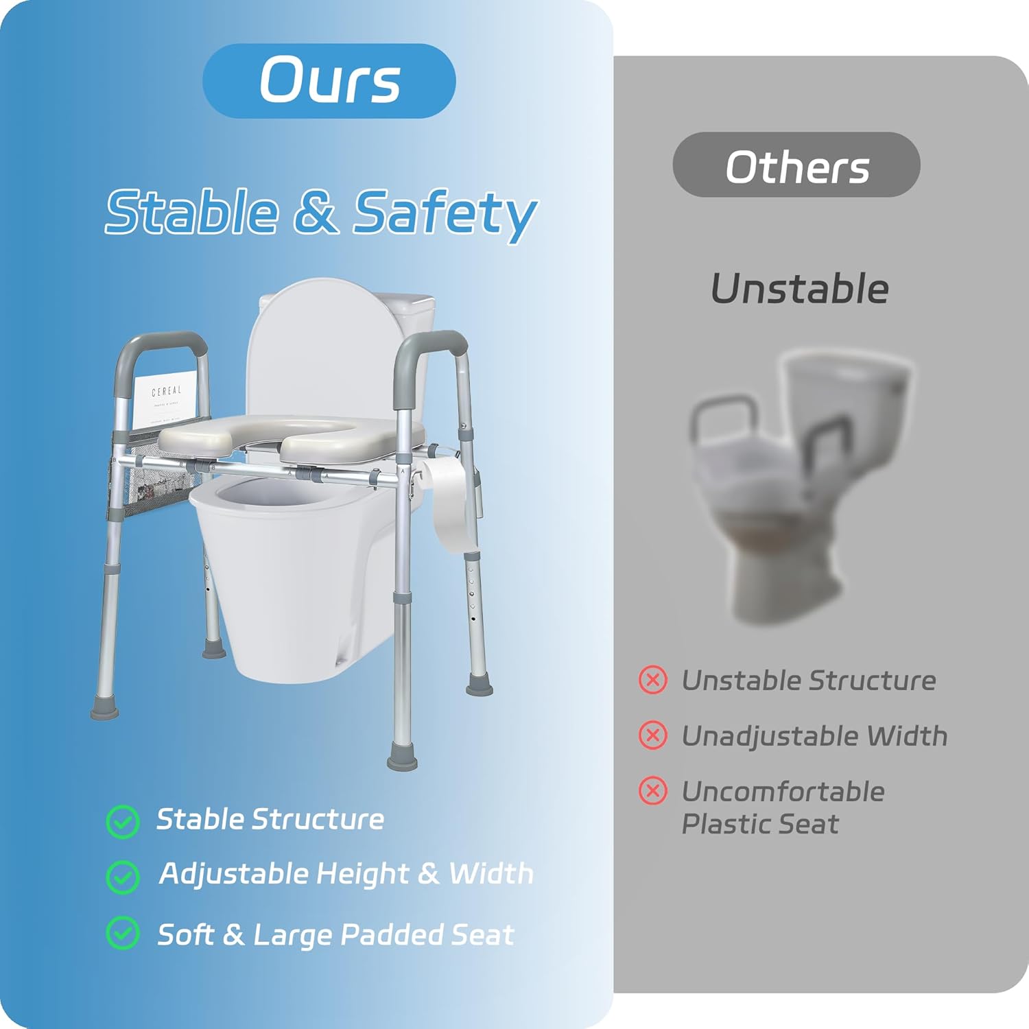 Adjustable Raised Toilet Seat with Handles, Padded Toilet Seat Riser for Seniors

