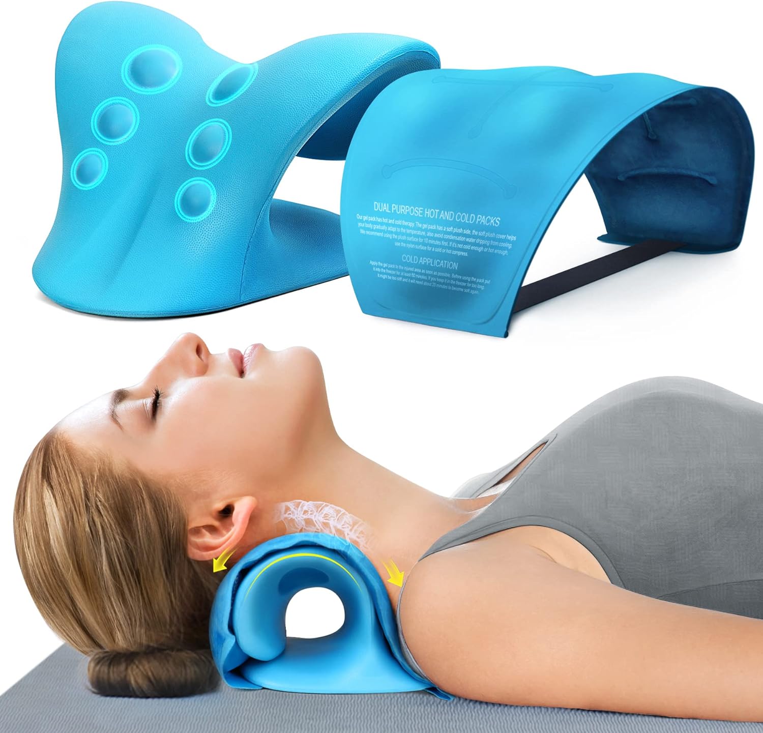 Neck Traction Pillow with Hot Cold Gel Pack for Cervical Pain Relief

