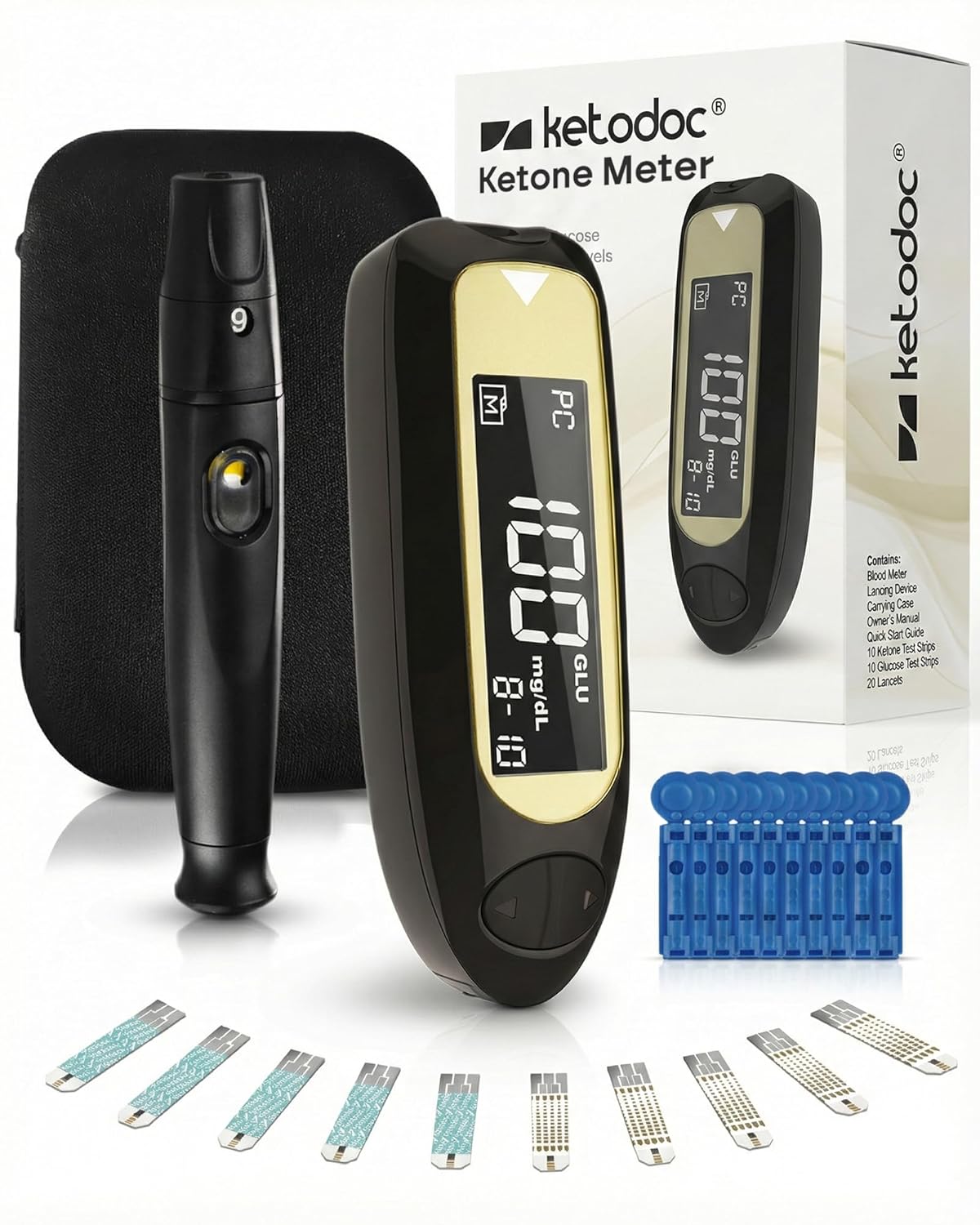 Ketodoc Blood Ketone Meter Kit, Auto-Coding Keto Test Strips, Lancets

