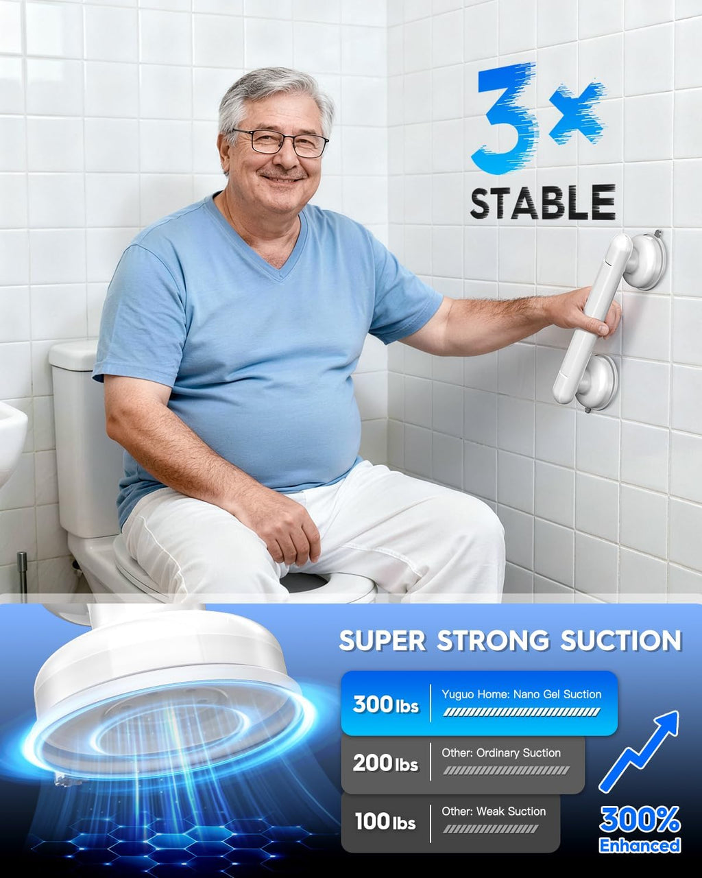 Upgraded Suction Cup Shower Grab Bars, Tool-Free Safety Handle for Bathroom

