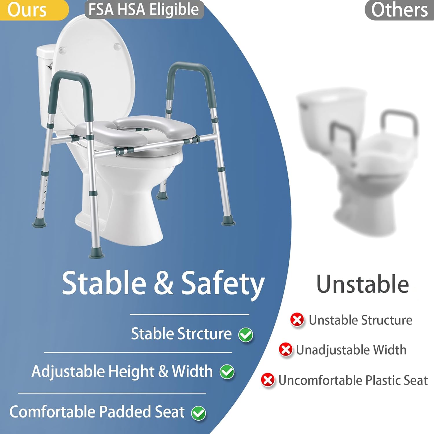Raised Toilet Seat with Handles, Padded Toilet Seat Riser for Seniors

