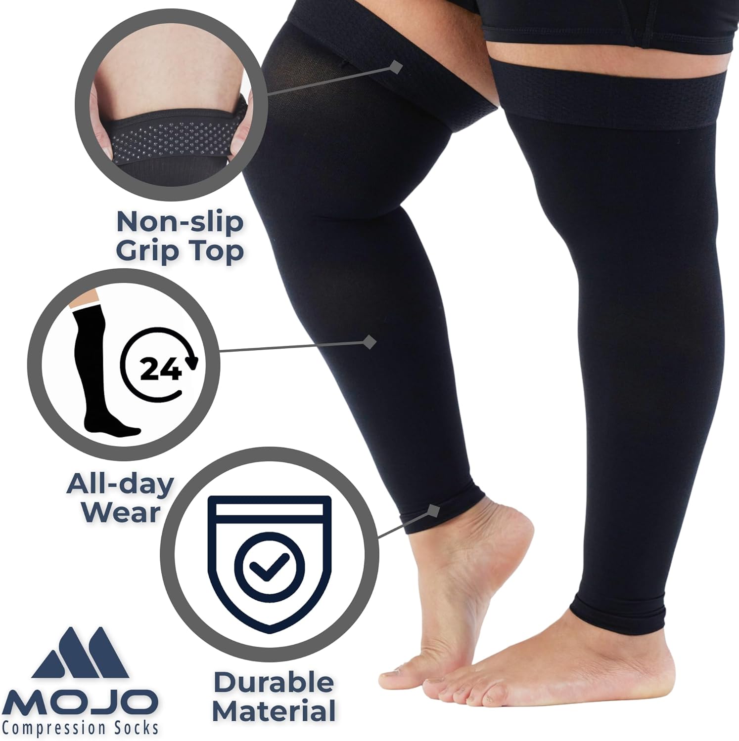Mojo Compression Socks Thigh-Hi 20–30 mmHg Graduated Support Grip Top Pair

