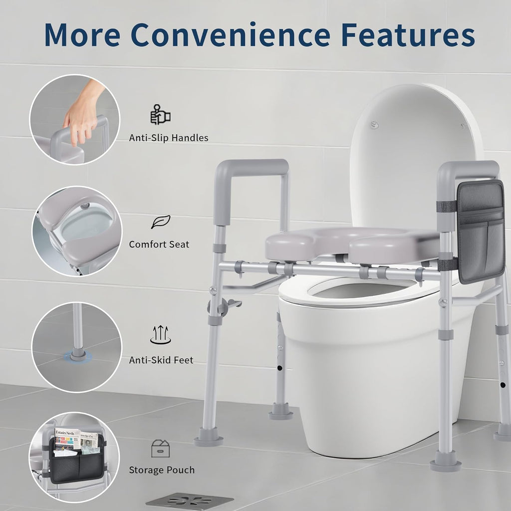 Raised Toilet Seat with Handles, Toilet Seat Riser for Seniors, Adjustable Height and Width, Padded Cushion, 450 lb Capacity, Non-Slip Safety Design

