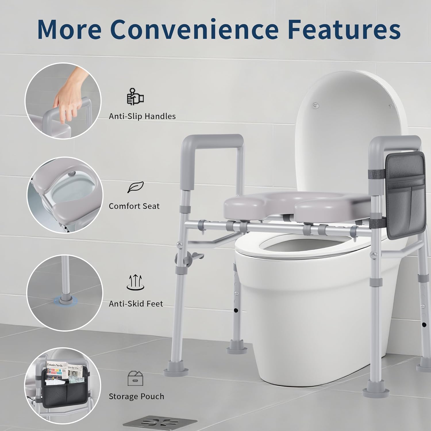 Raised Toilet Seat with Handles, Toilet Seat Riser for Seniors, Adjustable Height and Width, Padded Cushion, 450 lb Capacity, Non-Slip Safety Design


