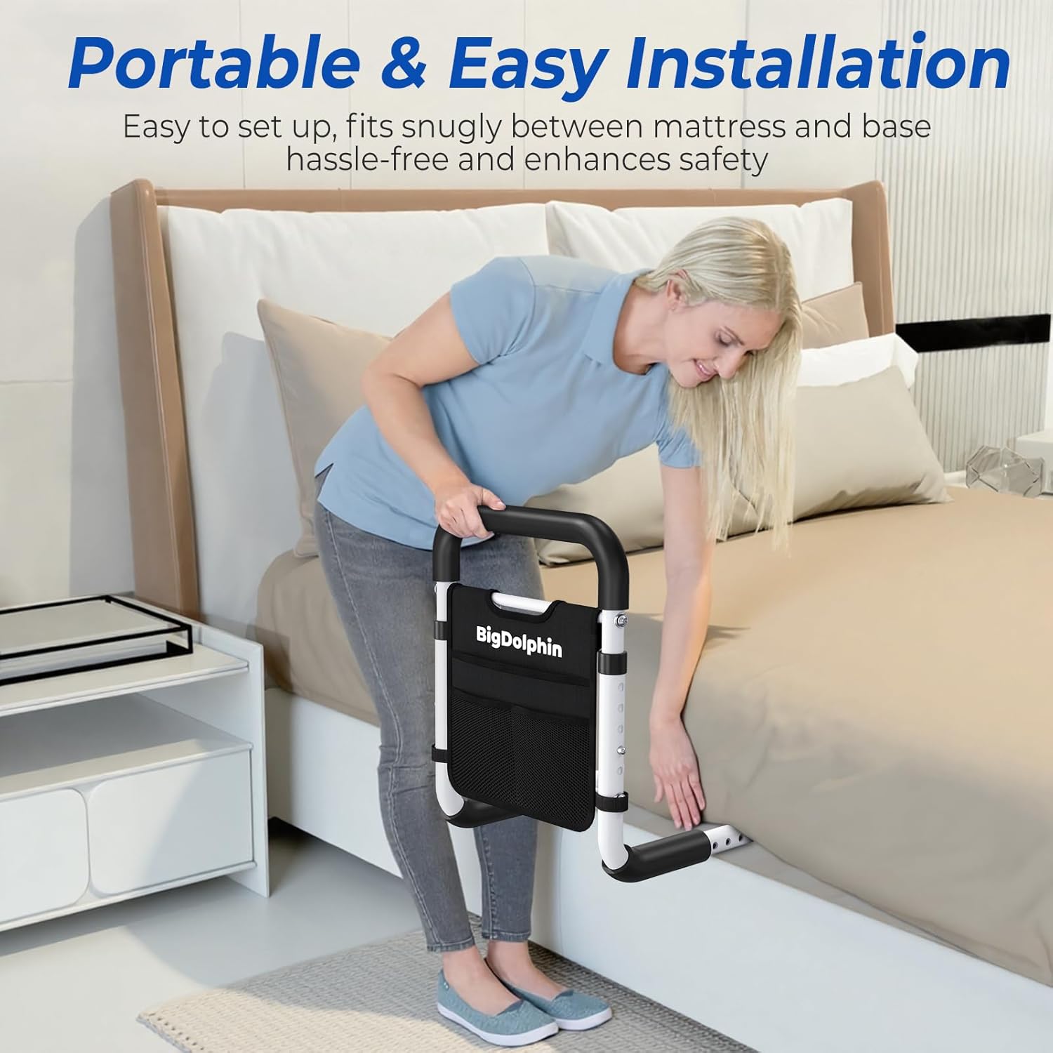 BigDolphin Adjustable Bed Rail for Seniors Safety, Non-Slip Handle, Storage Pocket

