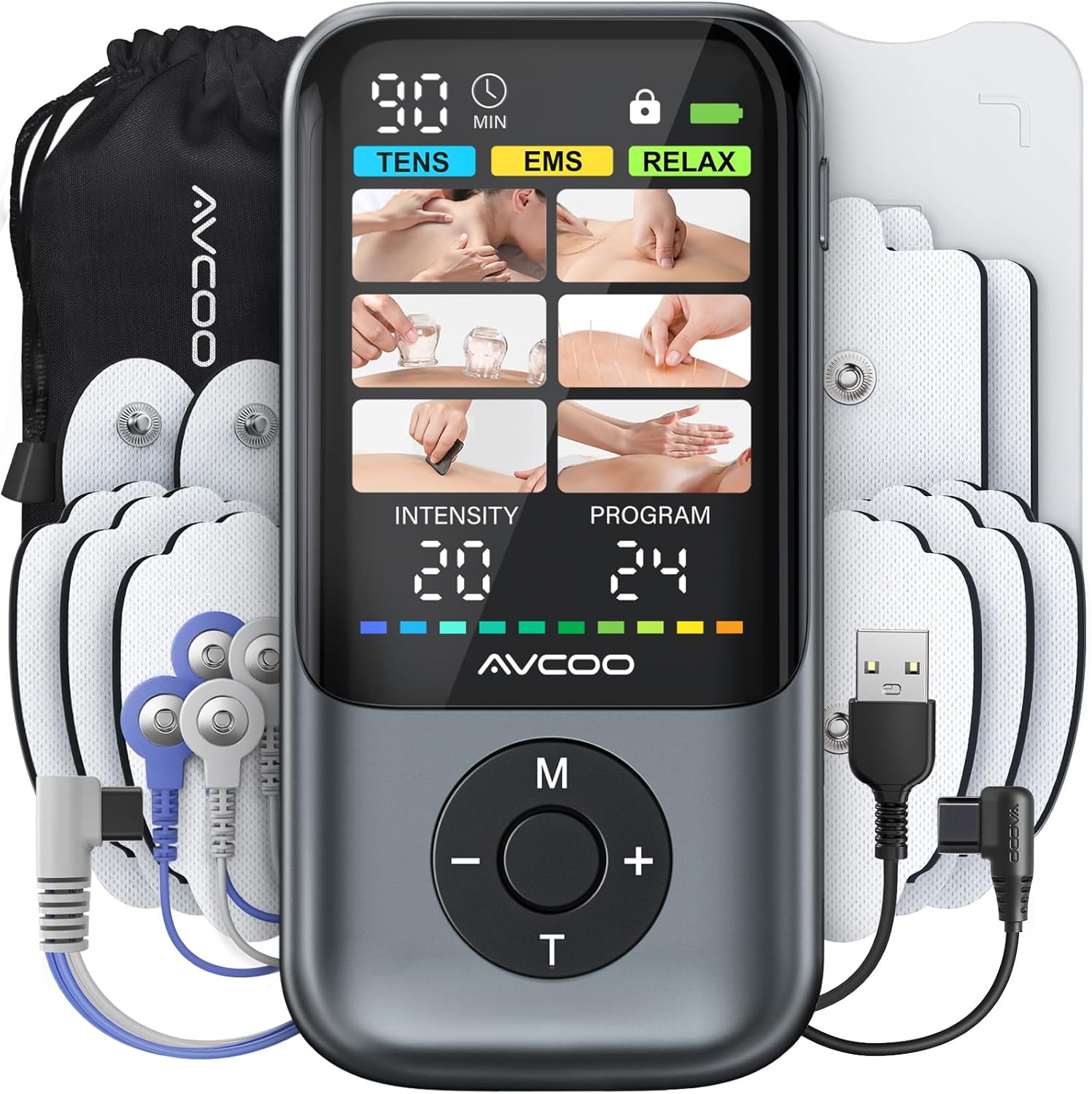 AVCOO 3-in-1 TENS Unit Muscle Stimulator with Color Display, EMS Rechargeable

