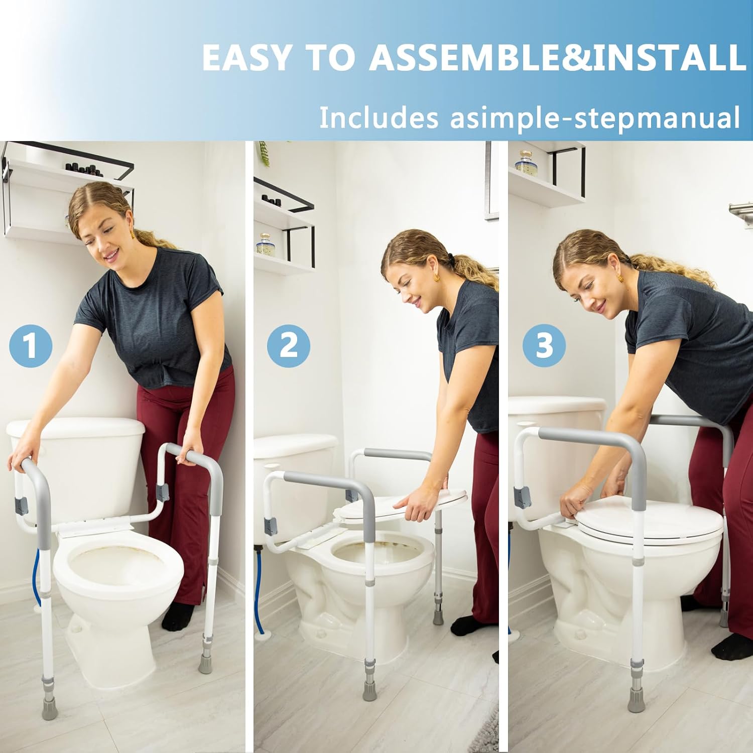 WeHwupe Toilet Safety Rails Adjustable Bathroom Grab Bar with Handles

