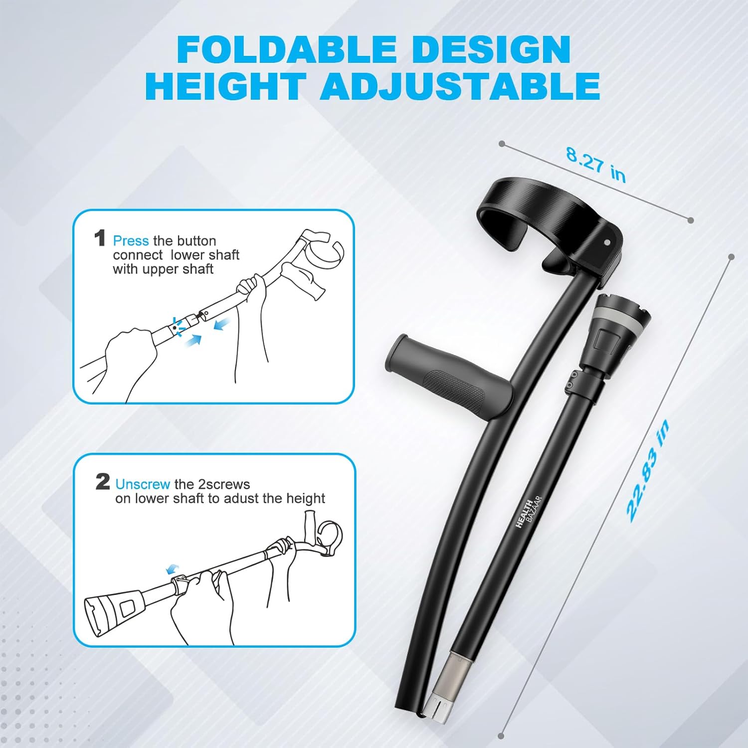 HEALTHBAZAAR Foldable Height-Adjustable Forearm Crutches for Adults, Slip-Resistant Tips

