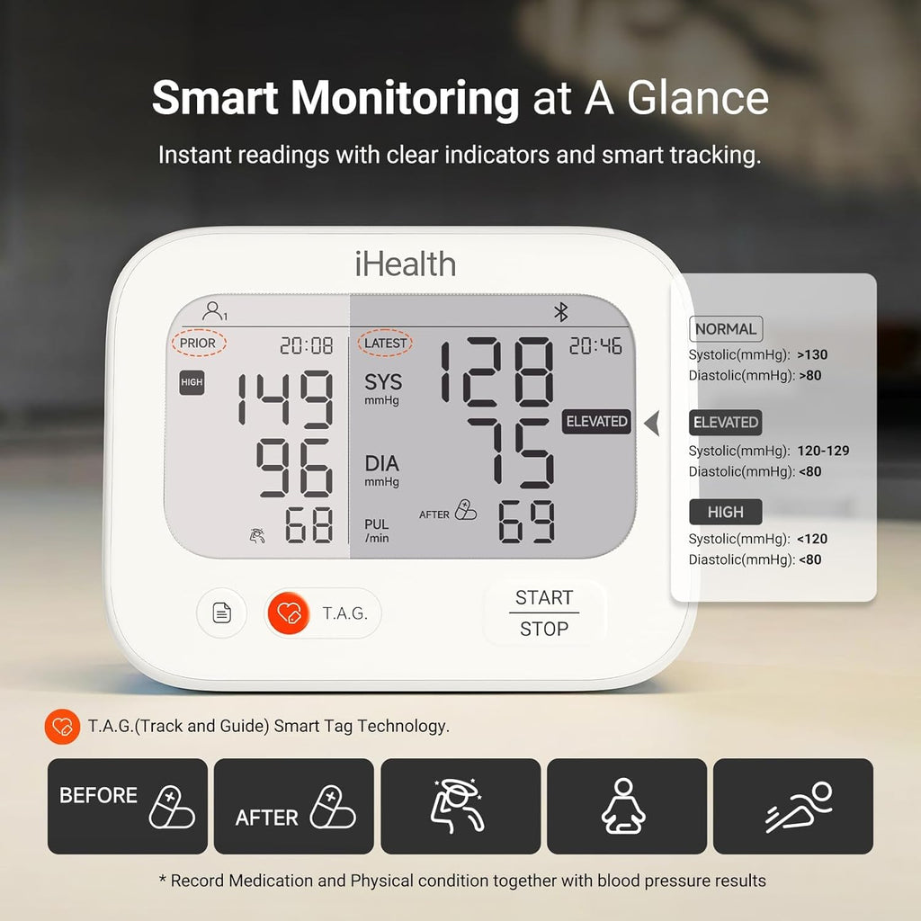 iHealth Jurni Smart Upper Arm Blood Pressure Monitor, Rechargeable Dual Display

