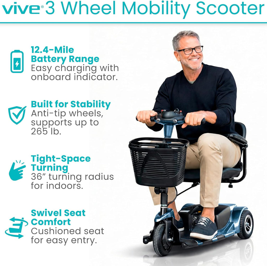 Vive 3-Wheel Electric Mobility Scooter for Adults, Folding Compact Travel Scooter

