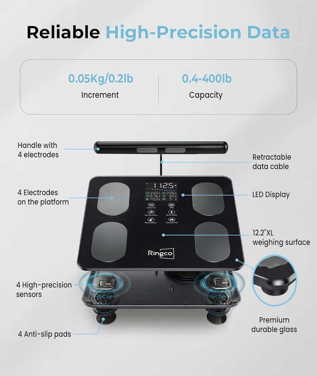 Ringco Body Pod Smart Scale with BMI, Body Fat, Muscle Mass, 8-Electrode Glass Platform

