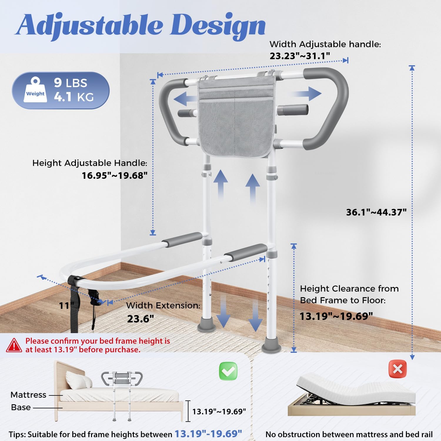 Bed Assist Rail with Storage Pouch, Height-Adjustable Stainless Steel Bed Rails

