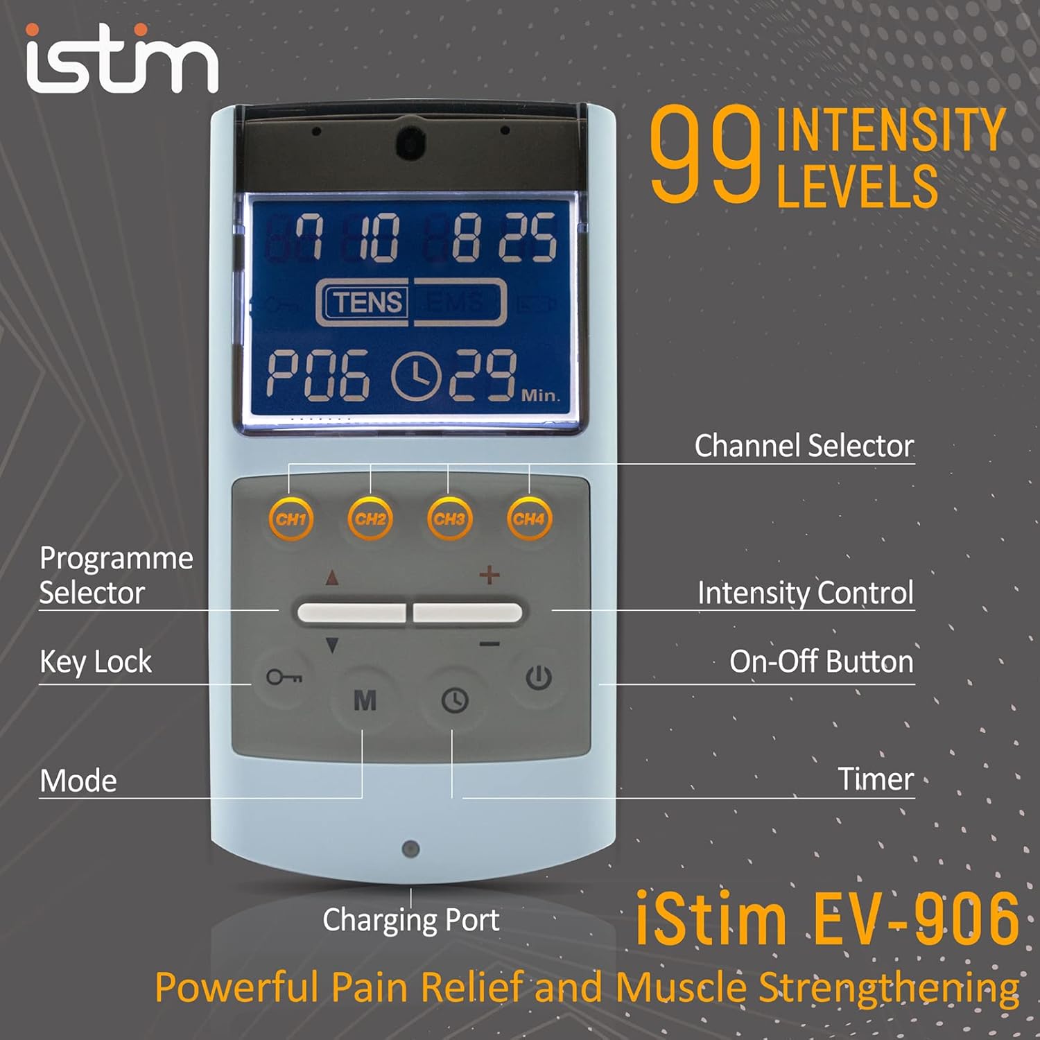 iStim EV-906 TENS EMS Muscle Stimulator Combo Unit with Gel Electrode Pads

